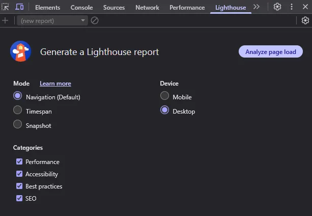 Lighthouse modes - screenshot Lighthouse modes - screenshot