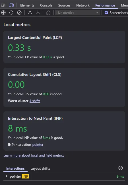 Performance metrics CWV - screenshot Performance metrics CWV - screenshot